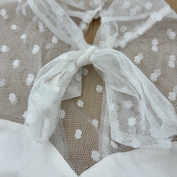 NWT  Women's Flocked Polka Dot Mesh Splicing Collar Bow Tie Bodysuit - Picture 4 of 5